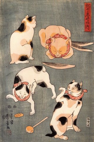 Cats Suggested as the Fifty three Stations of the Tokaido Cats in Different Poses By Utagawa Kuniyoshi