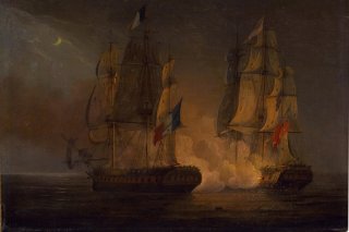 Engagement between HMS Amelia and French frigate l Arethuse off the Isles of Loss by Thomas Whitcombe