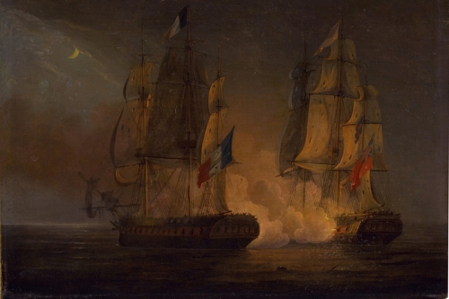 Engagement between HMS Amelia and French frigate l Arethuse off the Isles of Loss by Thomas Whitcombe