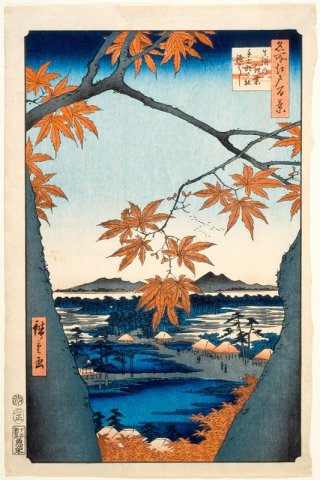 Maple Trees at Mama, Tekona Shrine and Tsugi Bridge By Utagawa Hiroshige