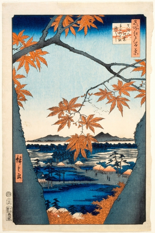 Maple Trees at Mama, Tekona Shrine and Tsugi Bridge By Utagawa Hiroshige