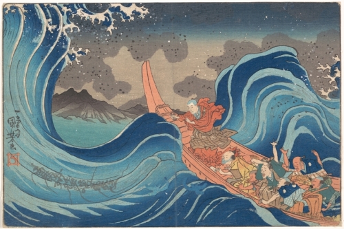 Nichiren Invoking the Sacred Name on the Waves at Kakuda during his Exile to Sado Island By Utagawa Kuniyoshi