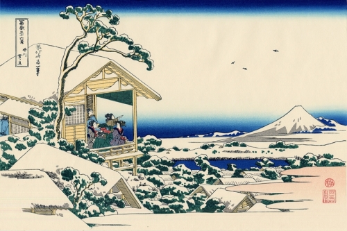 Tea House at Koishikawa the Morning After a Snowfall By Katsushika Hokusai